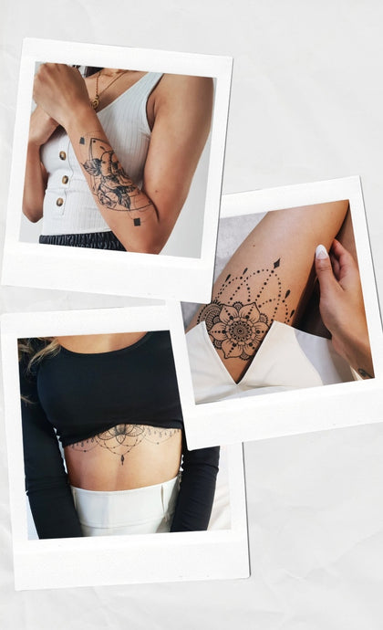 Temporary tattoos party pack, multipack of the perfect tattoos for the best party look. Includes, geo floral tattoo, henna flower tattoo, and sternum jewel tattoo